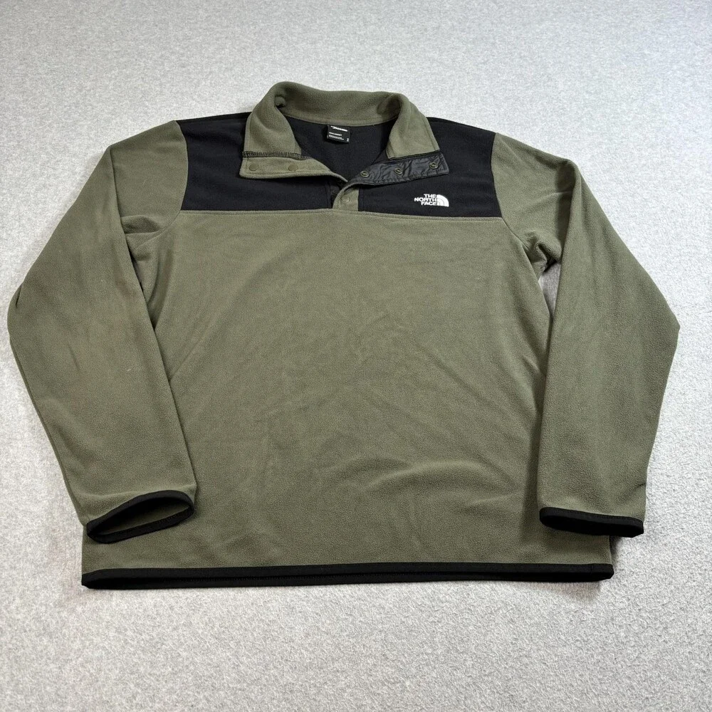 North Face Pullover Men Medium Green Black Fleece Snap Neck Outdoors Hike Jacket